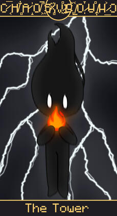 A shadowy figure holding a flame, lightning in the background