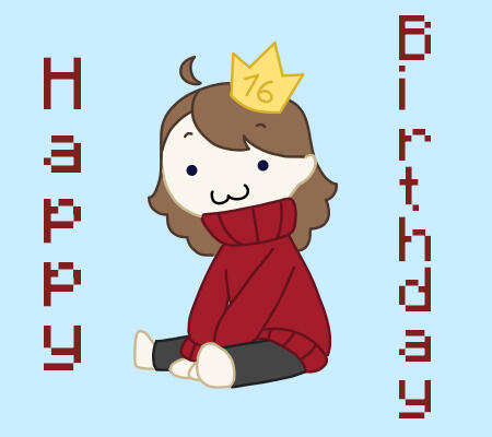 A girl in a red sweater is sitting down, wearing a crown with "16" on it. The text on the sides says "Happy Birthday"