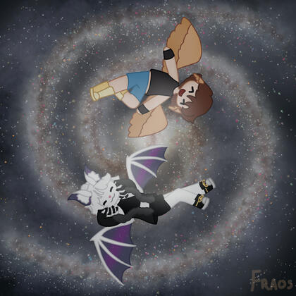 White bat girl and winged person in space, a galaxy in the background
