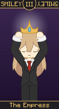 A blonde girl in a suit is looking down and holding a crown above her head.