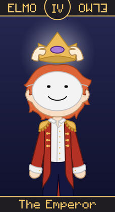 A guy with ginger hair wearing king's clothes is standing, looking up. Above him, two hands are holding a crown above his head.