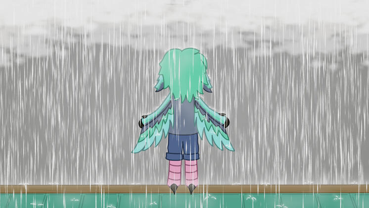 Harpy standing in the rain, on a roof