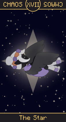 A person with wings seems to be falling. In the backgroudn there is a star.