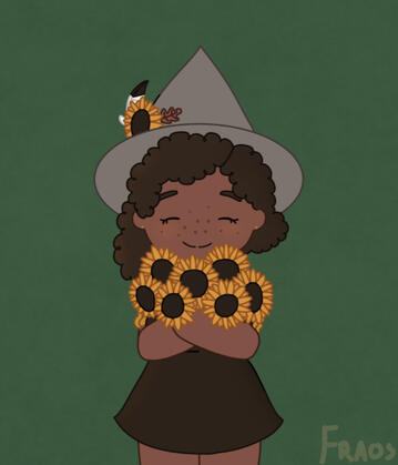A witch holding sunflowers