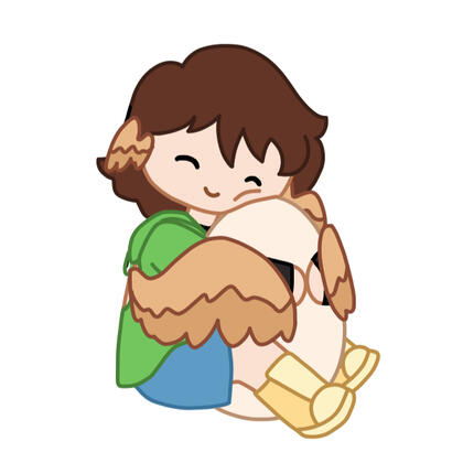 A winged person (my persona) hugging an egg plush