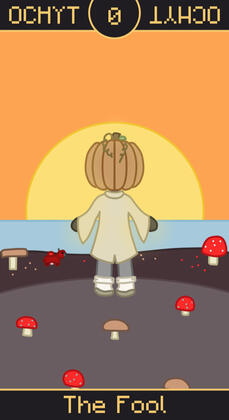 A person wearing a pumpkin head is standing on a cliff, looking down at a purple island and blue sea with mushrooms and red cows and a sunset.